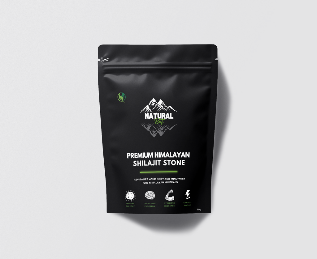 Black package of Premium Himalayan Shilajit Stone on a light gray background