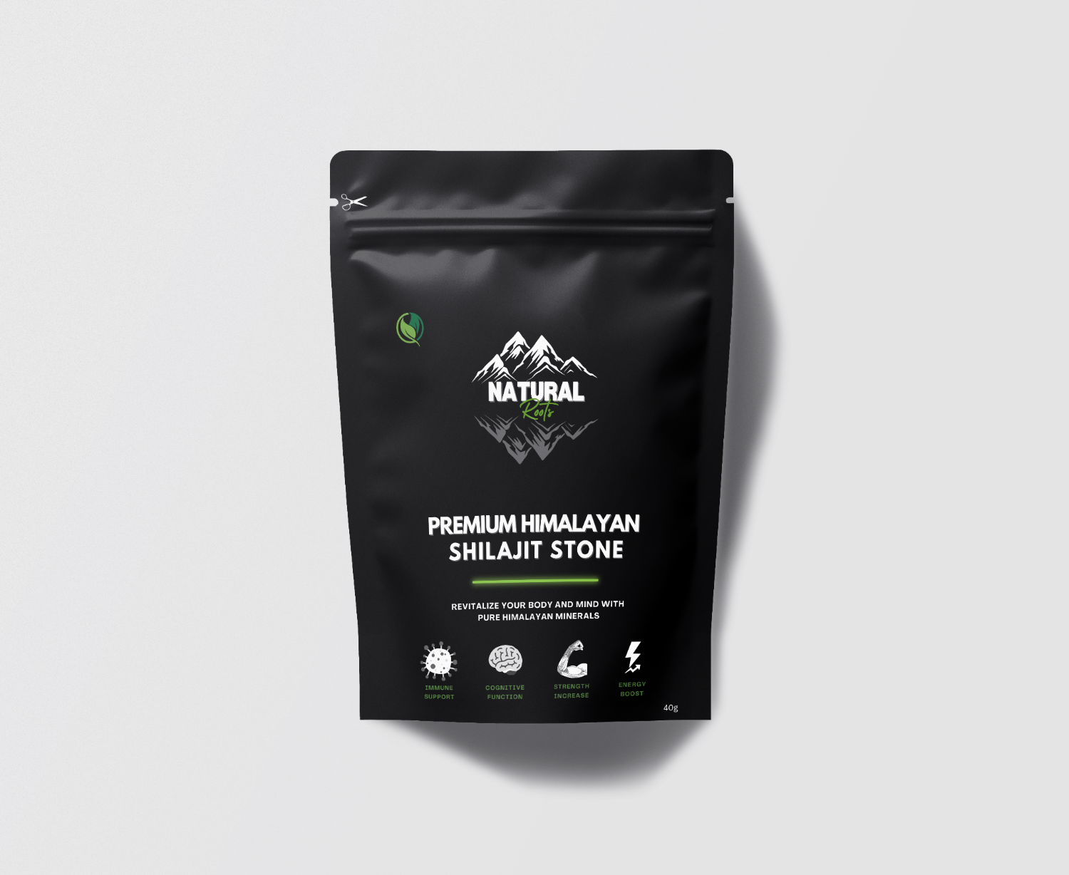 Black package of Premium Himalayan Shilajit Stone on a light gray background