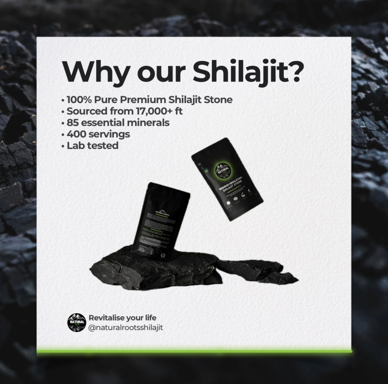Advertisement for Shilajit with product packaging and text on a dark background