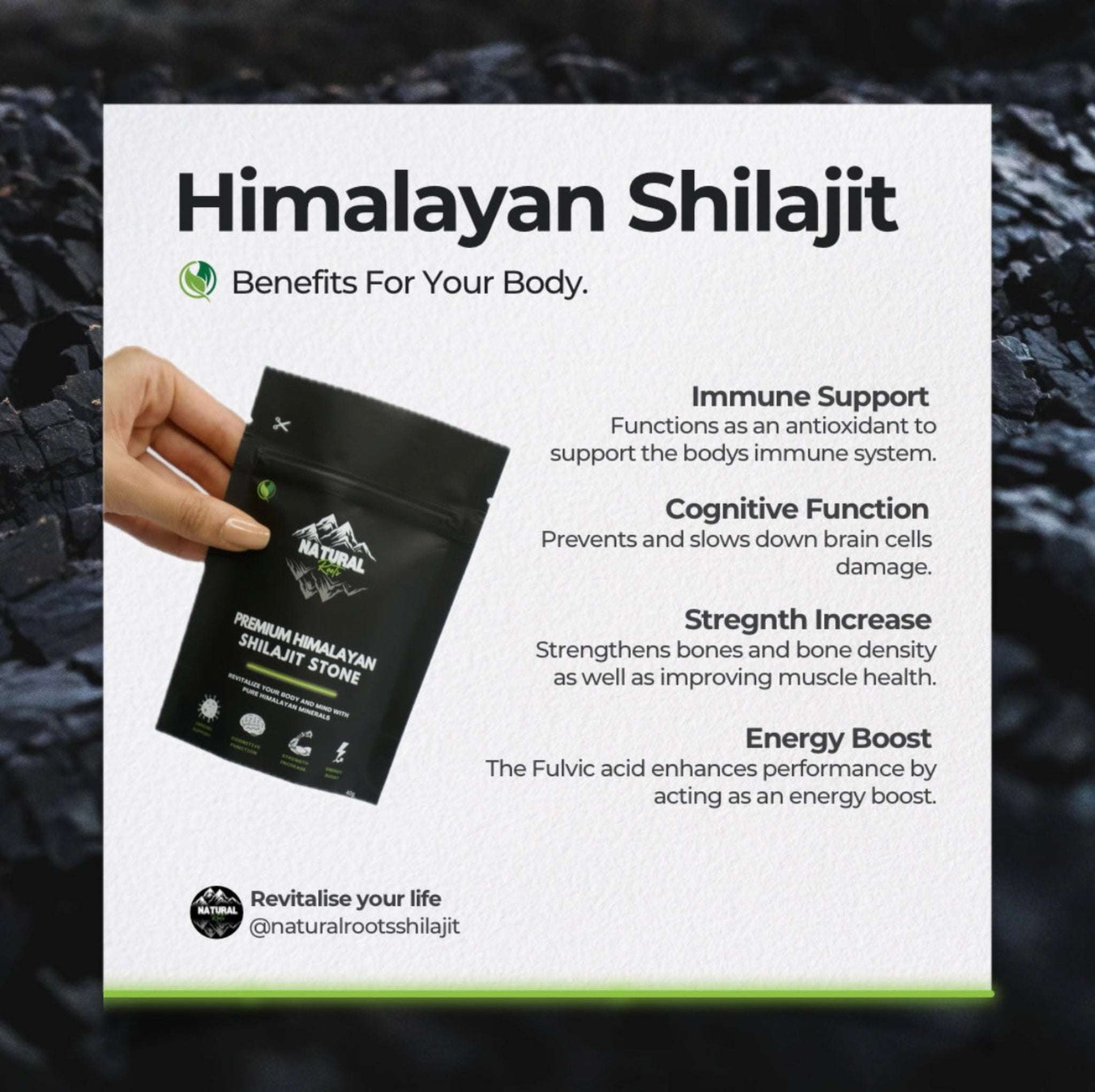 Advertisement for Himalayan Shilajit with a hand holding a package, listing benefits on a white background.