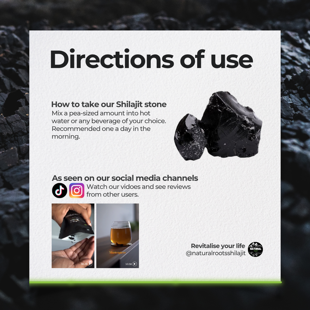 Instructions for using Shilajit stone with images and text on a dark background