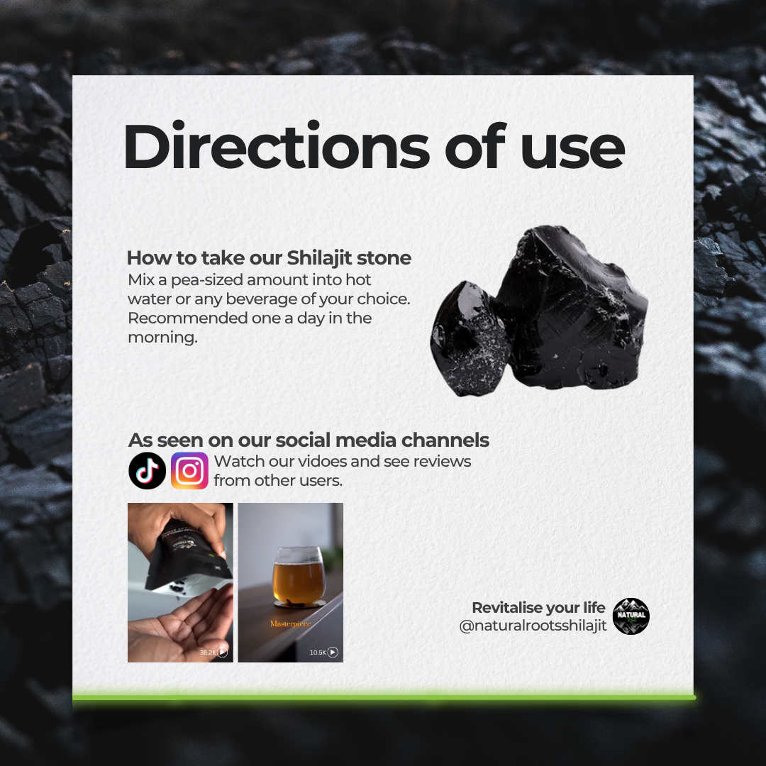 Instructions for using Shilajit stone with images and text on a dark background